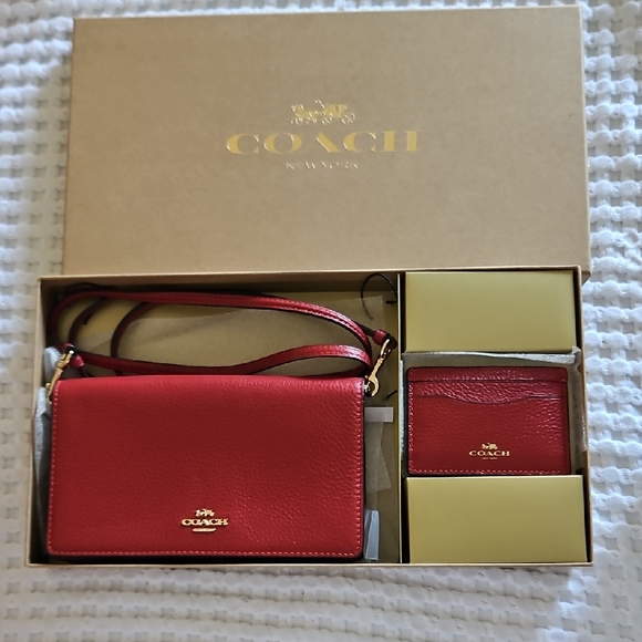 Coach Handbags - Coach Red Pebbled Leather Crossbody with Matching Card Case